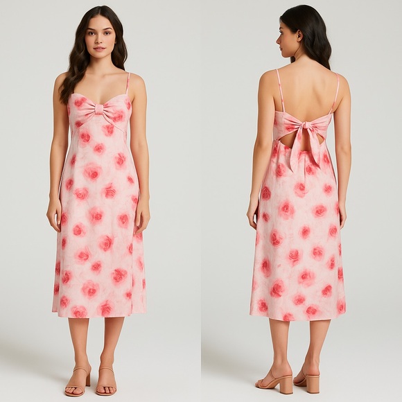 freesia Dresses & Skirts - Freesia Pink Floral Midi Dress Size M NWT Spaghetti Strap Bow Back Cutout